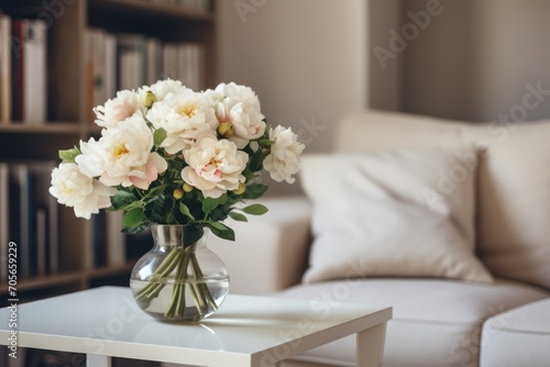 Bouquet of beautiful ranunculuses on table in living room