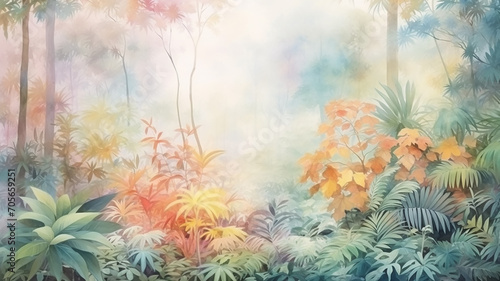 watercolor image indian summer in the jungle rainforest in the tones of golden autumn and leaf fall © kichigin19