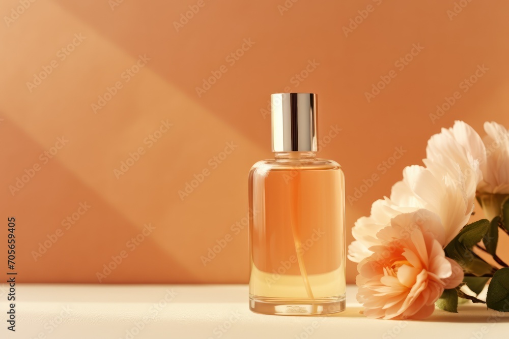 Composition with bottle of cosmetic serum on beige background Composition with bottle of cosmetic serum on beige background
