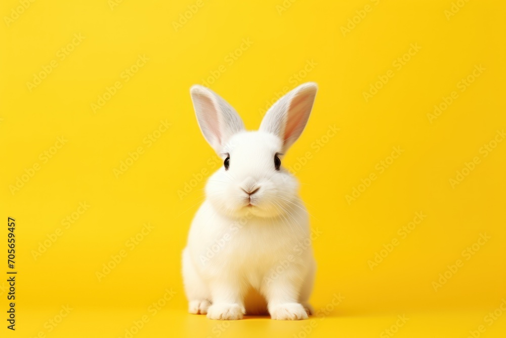 Fototapeta premium Cute white rabbit on yellow background with copy space for text