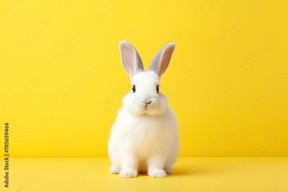 Cute white rabbit on yellow background with copy space for text - obrazy, fototapety, plakaty 
