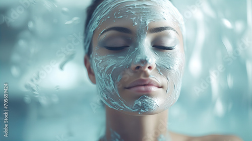 Young woman in blue mask smiling confident having facial treatment at beauty center with eyes closed, spa wellness center, banner, copy space