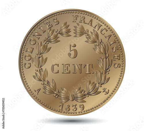 Test for the number 5 centimes French colonies under Louis Philippe, 1839. Vector illustration.