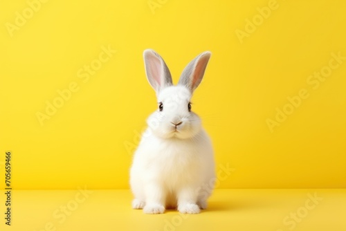 Cute white rabbit on yellow background with copy space for text photo