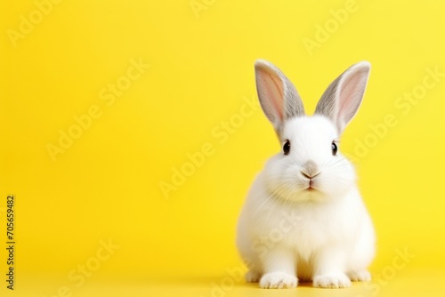 Cute white rabbit on yellow background with copy space for text © Muh