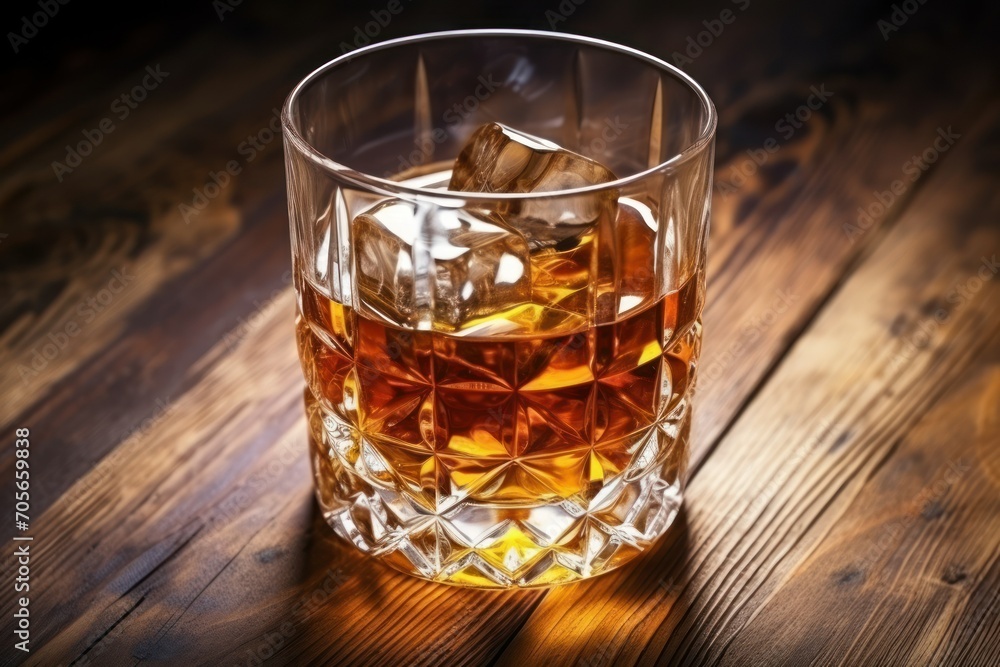 Glass of liquor with amaretto on wooden table, closeup Glass of liquor with amaretto on wooden table, closeup