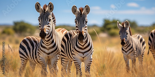 A herd of zebras standing in a field with the sun behind them  A group of zebras are standing in a field with trees in the background. Horizontal photo of zebras in africa against sunset background  