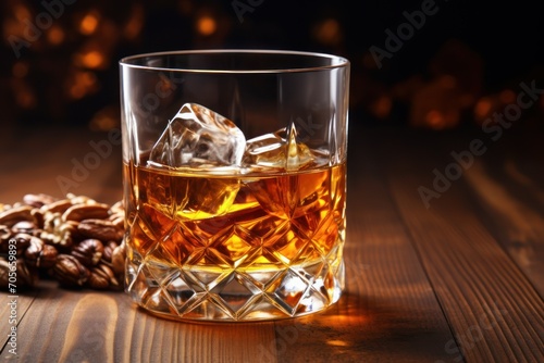 Glass of liquor with amaretto on wooden table, closeup