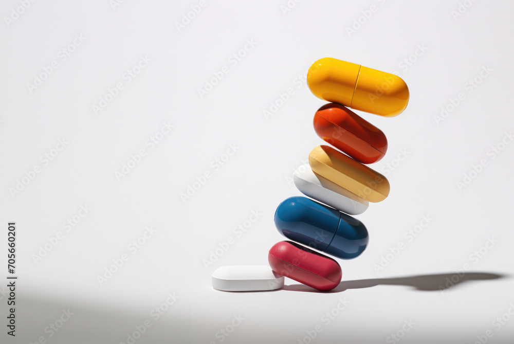 Stack of 7 pills falling in a variety, white background Stack of 7 pills falling in a variety, white background