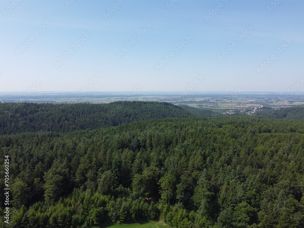 Bavarian forest with fields and meadows, aerial