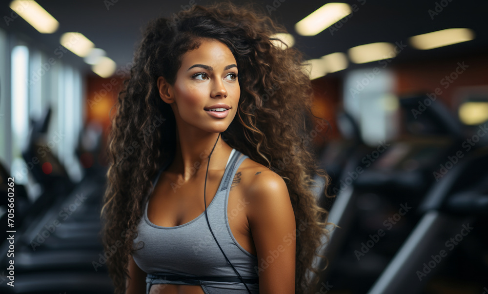 Beautiful dark female athlete in the gym generated AI