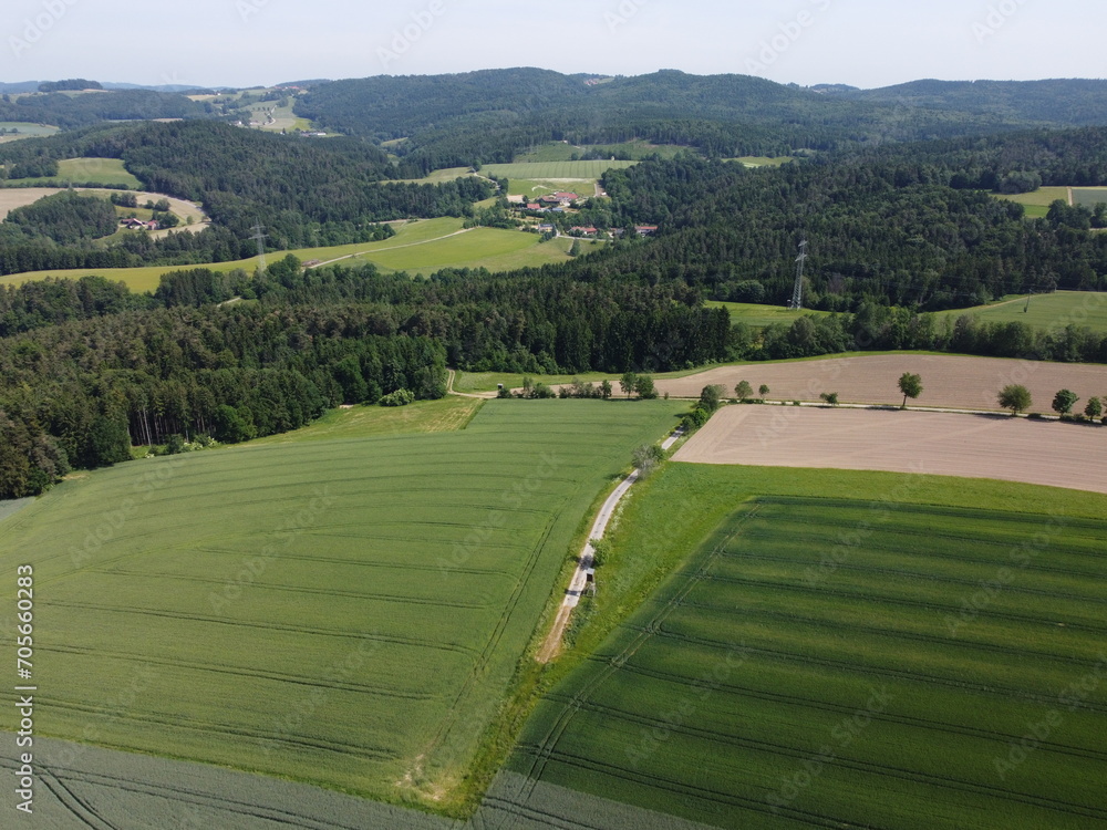 Aerial view of Bavaria, Germany, with forests and fields