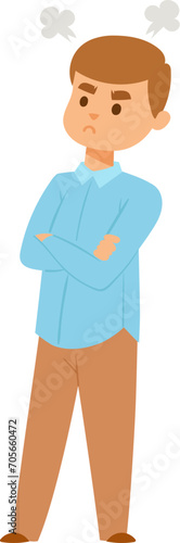 Angry boy with arms crossed and steam coming from ears. Child showing frustration or temper, isolated on white vector illustration.