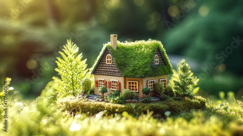 Eco House In Green Environment. Miniture House On Grass.