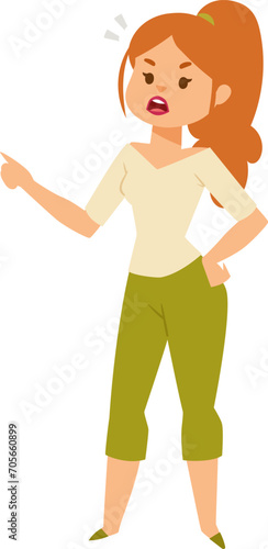 Angry young woman arguing, expressive redhead female cartoon character, hands on hips, frustration gesture. Conflict, debate, and anger expression vector illustration.
