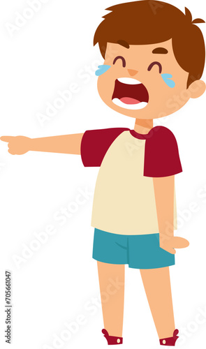 Crying little boy cartoon character pointing finger, unhappy child with tears. Emotional child expression, upset kid needing help vector illustration.