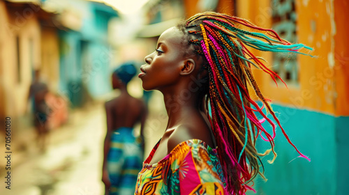 Energetic cool African woman with colourful dreadlocks dancing on the street. Generative AI