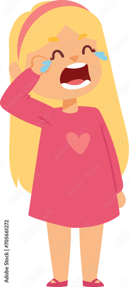 Crying blonde little girl in pink dress wiping tears. Upset child, emotional distress, unhappy preschooler vector illustration. Crying blonde little girl in pink dress wiping tears. Upset child, emotional distress, unhappy preschooler vector illustration.