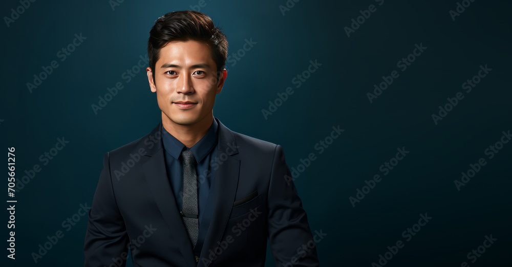 Obraz premium Stylish Asian man in dark blue business suit on a background with free space