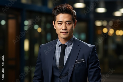 Stylish Asian man in dark blue business suit on a background with free space
