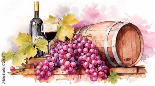 Vineyard Harmony: Watercolor Illustration of Grapes, Barrel, and Wine