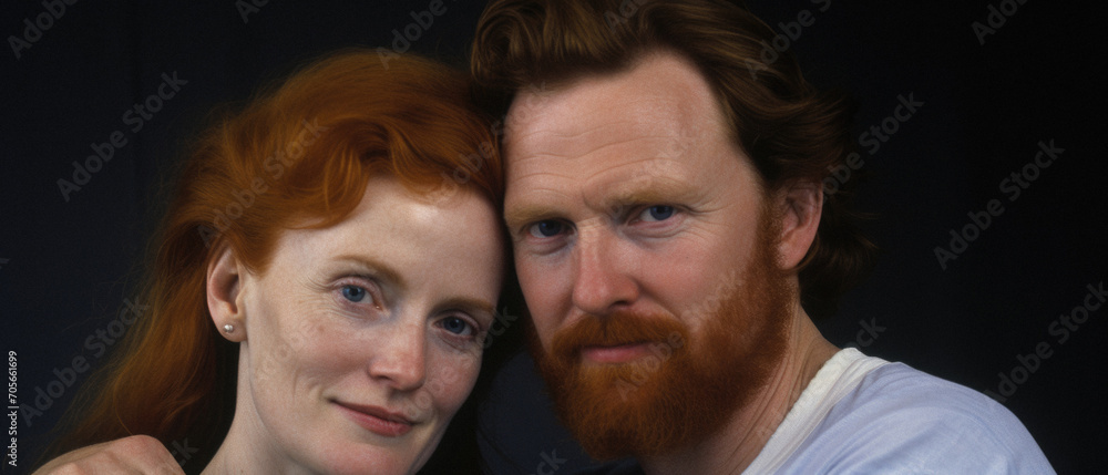 Portrait of a red-haired couple on a black background.