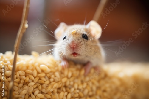 wild mouse with a cheek full of rice grains photo