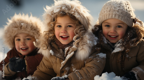 Little cute children play with snow outside in winter