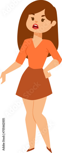 Young woman standing with hands on hips, displeased expression. Modern casual clothing style, confident posture. Female dissatisfaction and annoyance vector illustration.