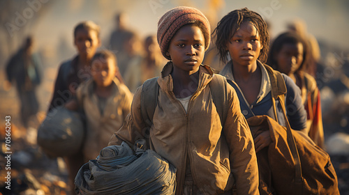 Group of poor African people Walking on Dirt Road