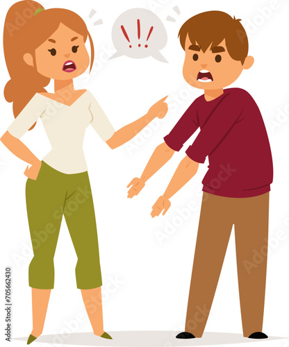 Angry woman and man arguing with shouting expressions. White adults in casual clothes having a disagreement. Conflict resolution and relationship issues vector illustration.