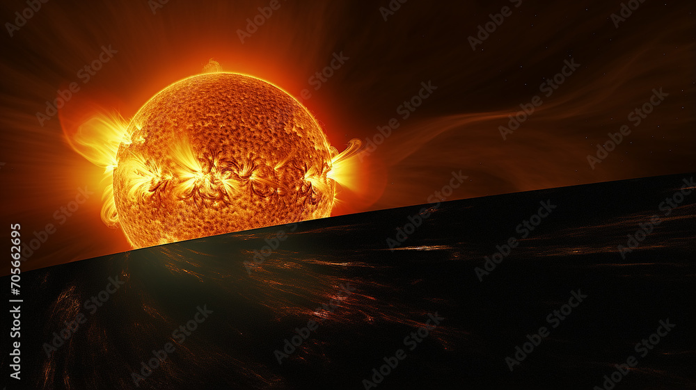 solar storm, astronomical observation solar corona and prominences, observation of the sun cosmic view fictional graphics - obrazy, fototapety, plakaty 