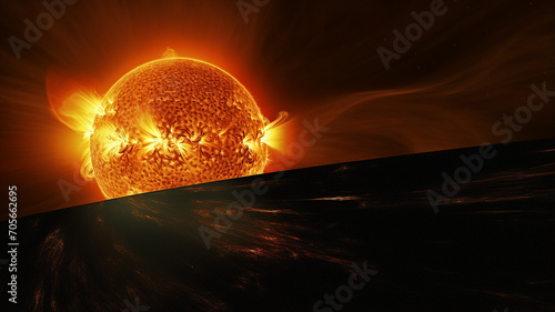 solar storm, astronomical observation solar corona and prominences, observation of the sun cosmic view fictional graphics photo