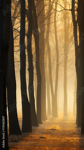 vertical panorama of autumn morning fog in the forest  yellow light tones of autumn forest  foggy morning landscape in the park