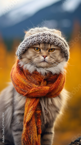 vertical autumn view  cute cat in autumn clothes on a landscape background  autumn joke funny picture