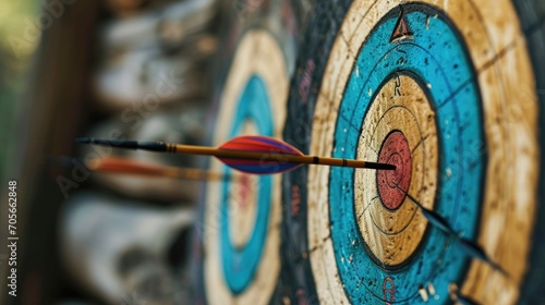 Archery target with arrow on it. Close-up. Selective focus