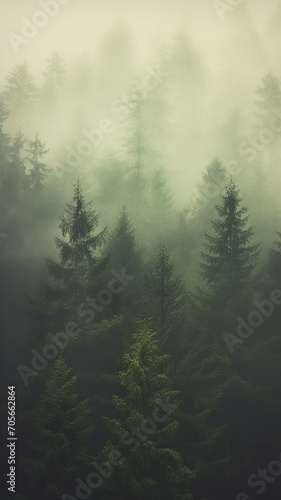 vertical background foggy landscape of autumn forest, panoramic view of taiga, tall trees in the northern fog of autumn © kichigin19