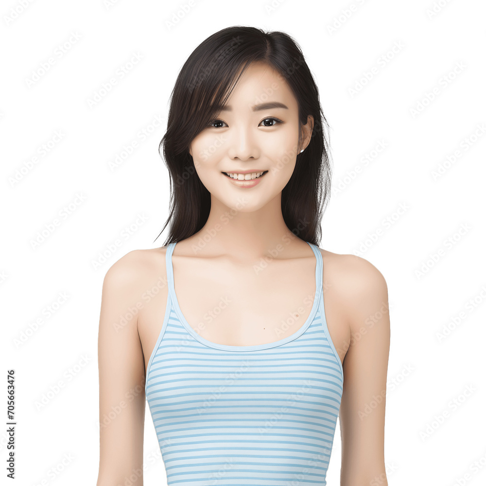 Asian woman wearing simple blue summer tank top. Clothing mockup cutout, isolated on transparent background, no background. Asian woman wearing simple blue summer tank top. Clothing mockup cutout, isolated on transparent background, no background.