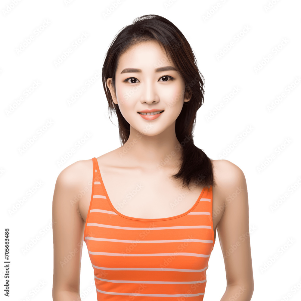 Asian woman wearing simple orange summer tank top. Clothing mockup cutout, isolated on transparent background, no background. Asian woman wearing simple orange summer tank top. Clothing mockup cutout, isolated on transparent background, no background.