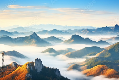 misty mountain range with peaks visible above fog