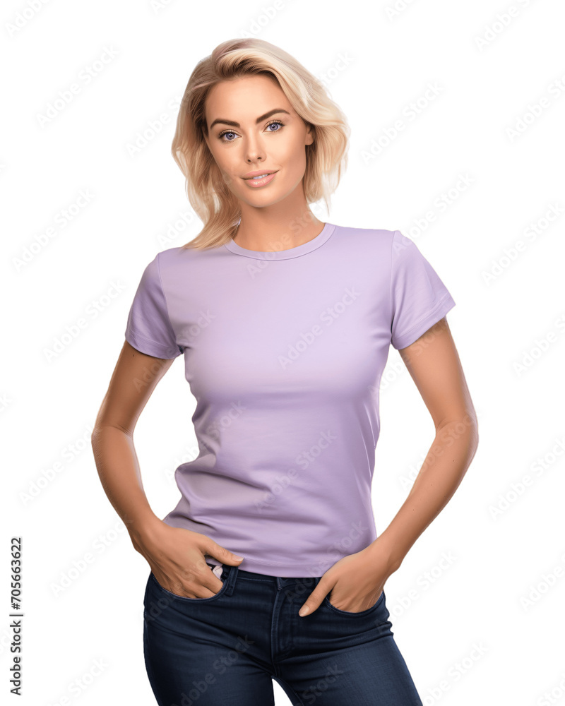 Blond woman wearing simple purple t-shirt. Clothing mockup cutout, isolated on transparent background, no background. Blond woman wearing simple purple t-shirt. Clothing mockup cutout, isolated on transparent background, no background.