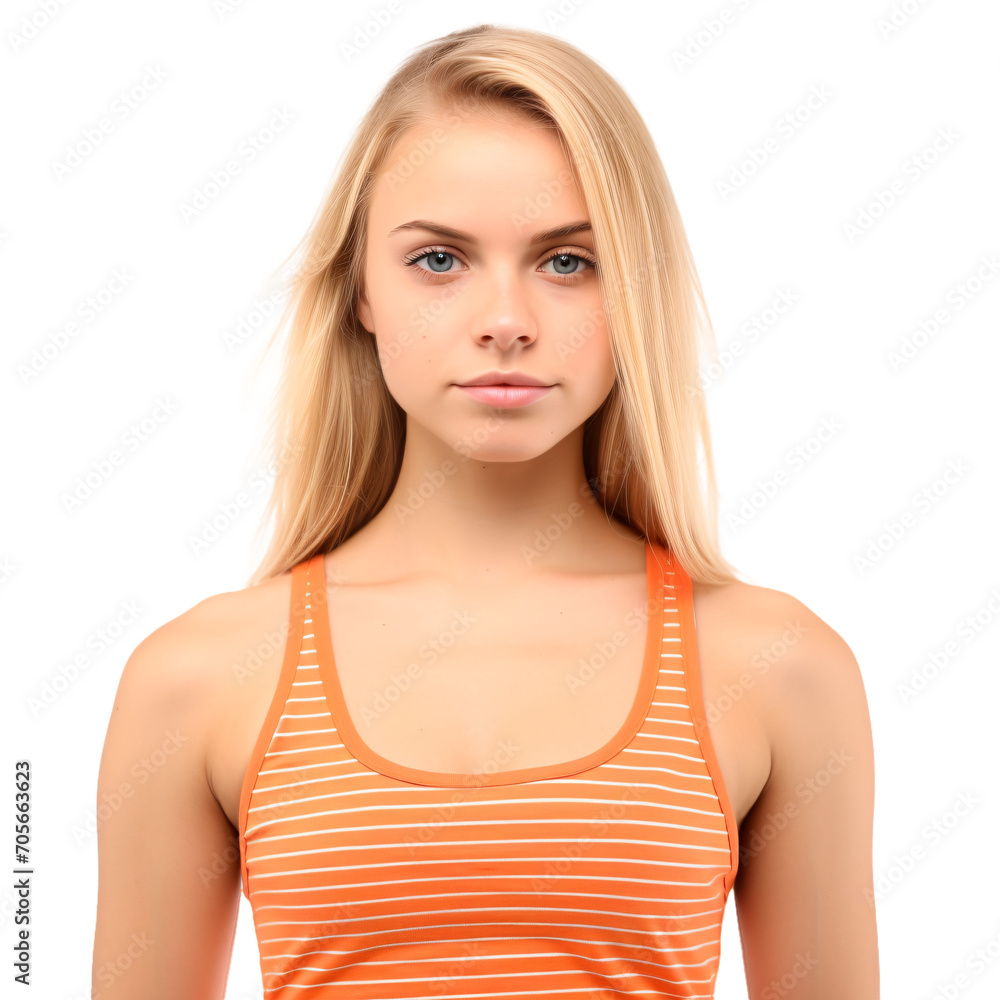 Blond woman wearing simple orange summer tank top. Clothing mockup cutout, isolated on transparent background, no background. Blond woman wearing simple orange summer tank top. Clothing mockup cutout, isolated on transparent background, no background.