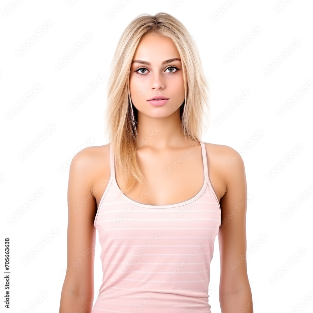Blond woman wearing simple pink summer tank top. Clothing mockup cutout, isolated on transparent background, no background. Blond woman wearing simple pink summer tank top. Clothing mockup cutout, isolated on transparent background, no background.