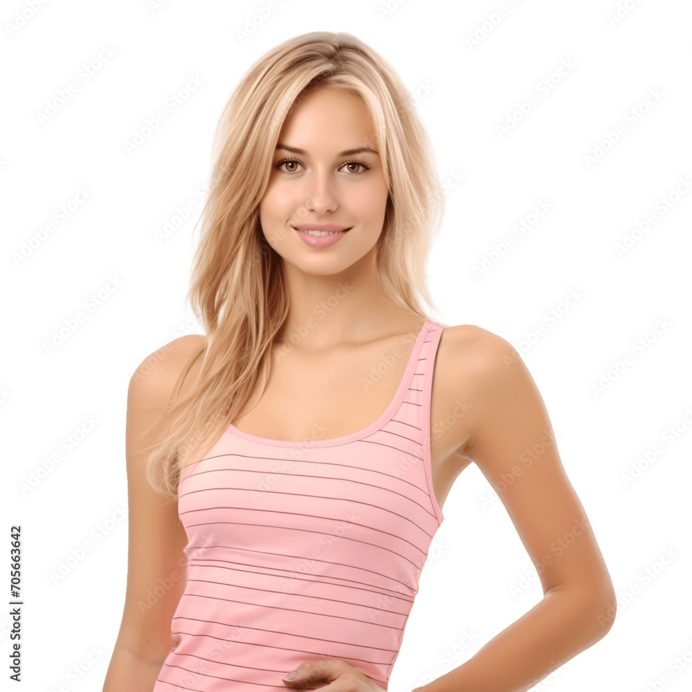 Blond woman wearing simple pink summer tank top. Clothing mockup cutout, isolated on transparent background, no background. Blond woman wearing simple pink summer tank top. Clothing mockup cutout, isolated on transparent background, no background.