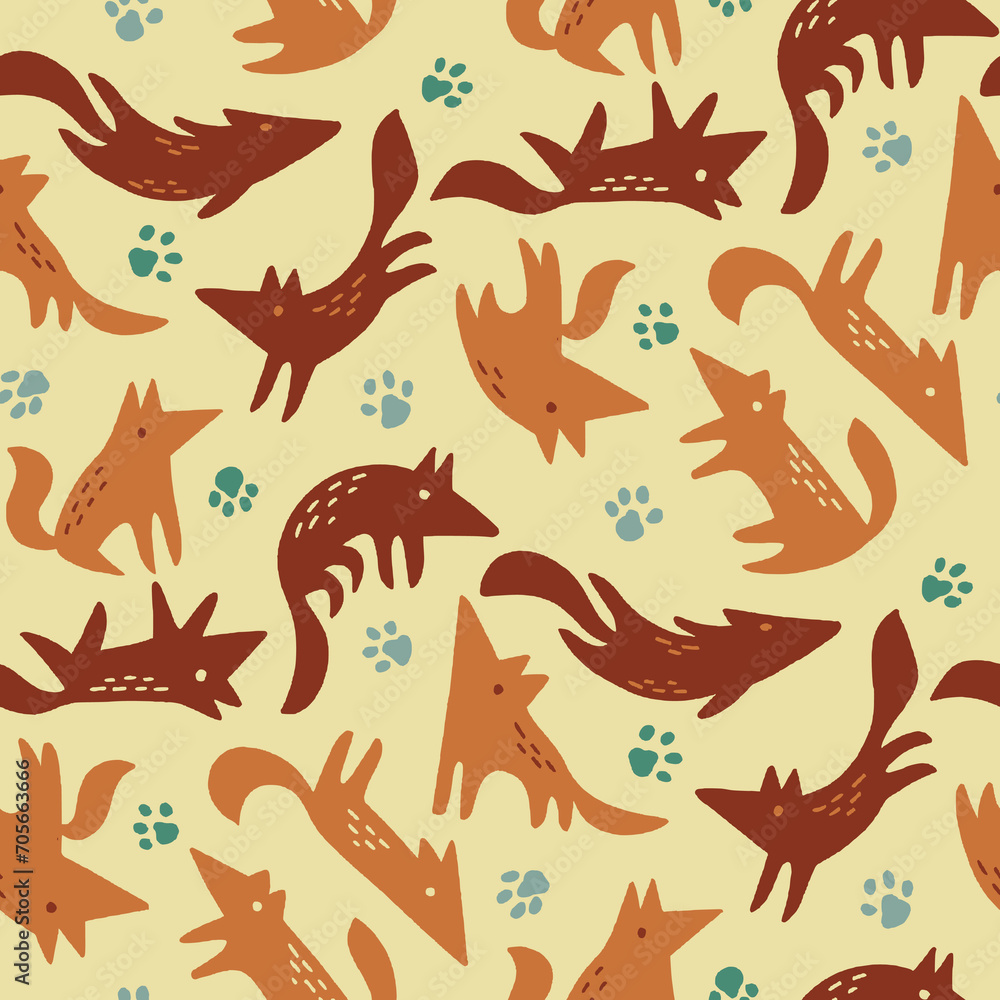 Vector Cute Wolves and Paws Seamless Pattern for Textile or Wrapping Paper