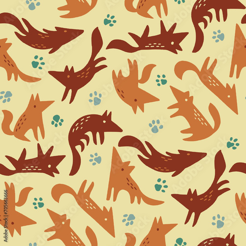 Vector Cute Wolves and Paws Seamless Pattern for Textile or Wrapping Paper © Yooko
