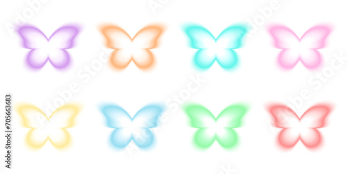 Butterfly shapes in holographic blurry style. Trendy y2k stickers with gradient aura effect in different pastel colors isolated on white background. Vector illustration