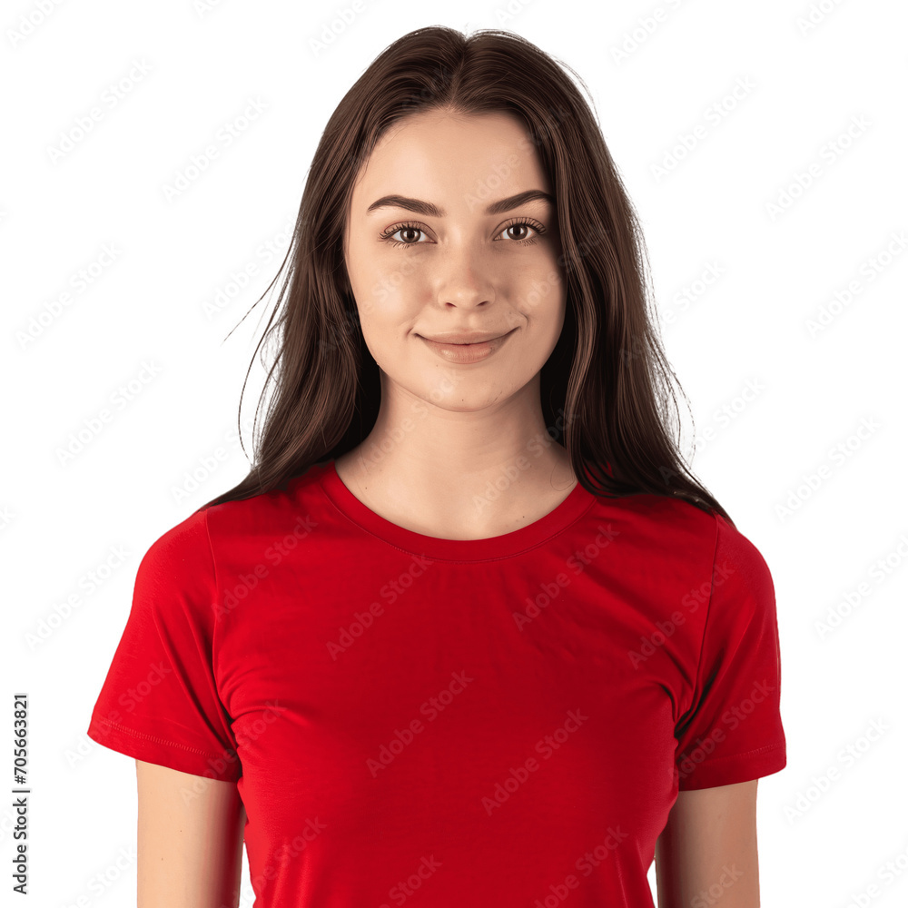 Brunette woman wearing simple red t-shirt. Clothing mockup cutout, isolated on transparent background, no background. Brunette woman wearing simple red t-shirt. Clothing mockup cutout, isolated on transparent background, no background.