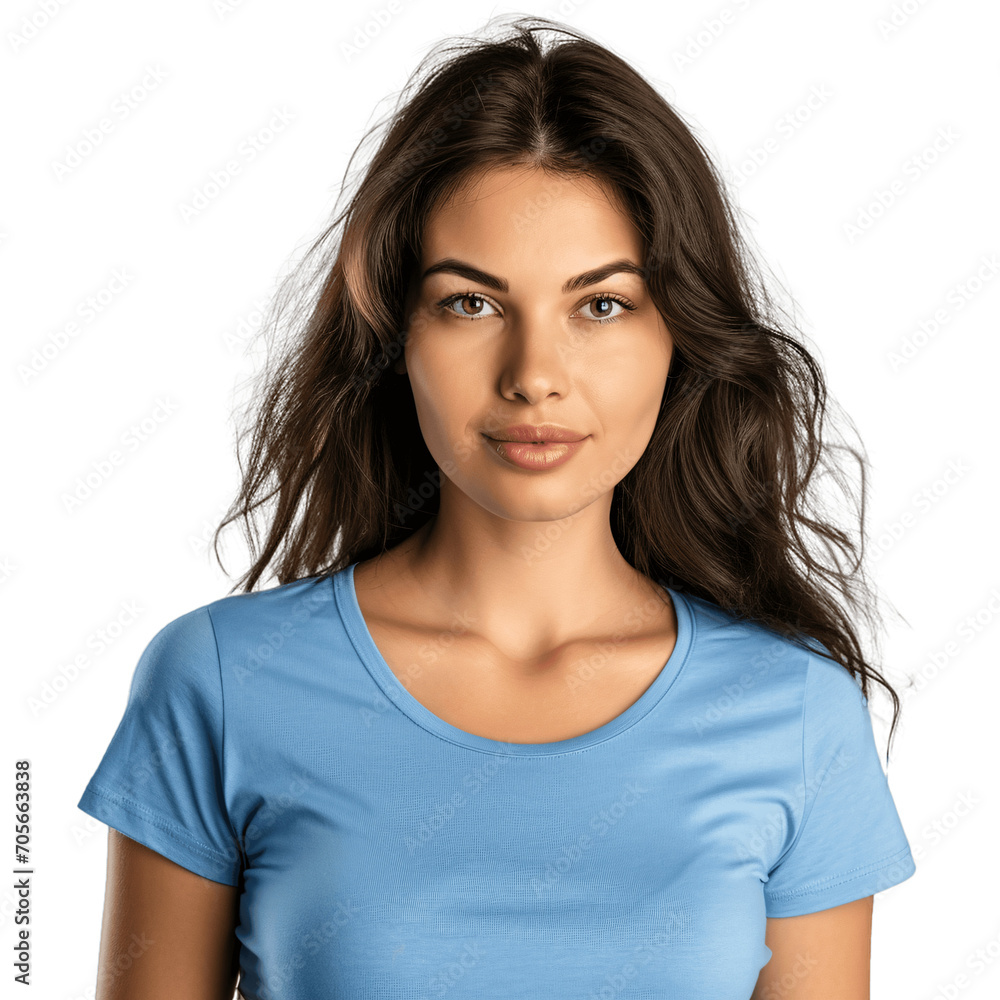 Brunette woman wearing simple blue t-shirt. Clothing mockup cutout, isolated on transparent background, no background. Brunette woman wearing simple blue t-shirt. Clothing mockup cutout, isolated on transparent background, no background.