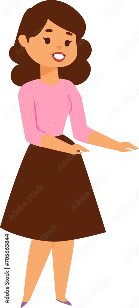 Young smiling woman standing, gesturing with open palms, friendly female character. Casual attire, positive expression, communication concept vector illustration. Young smiling woman standing, gesturing with open palms, friendly female character. Casual attire, positive expression, communication concept vector illustration.
